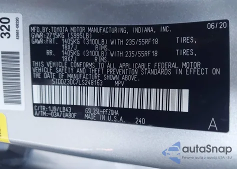 2020 Toyota Sienna Limited Premium z USA, uszkodzony, nr VIN 5TDDZ3DC7LS248163